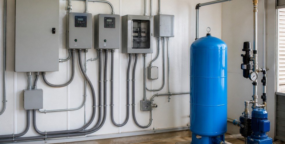 Electrical control equipment beside a blue pressure tank