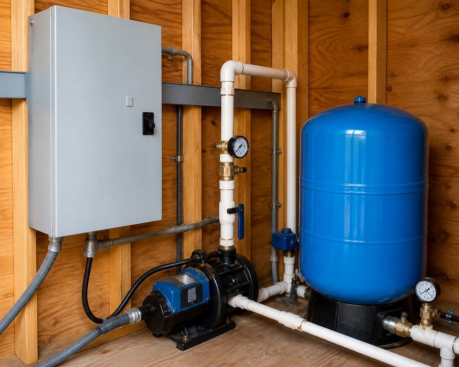 Water well pump control panel, piping, gauges, and blue pressure tank